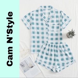New White & Teal Plaid Shorts Pajama Set